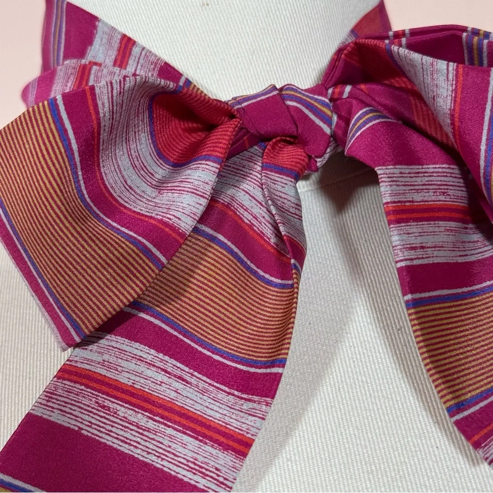 Vintage 1970 80 academia Stripe Magenta Camel Long skinny Bow Neck Scarf Twilly